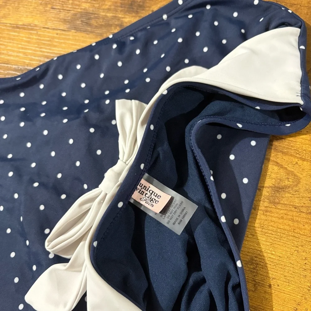 Unique Vintage Swim Navy Polka Dot with Back Bow High Waist Swim Bottoms Medium